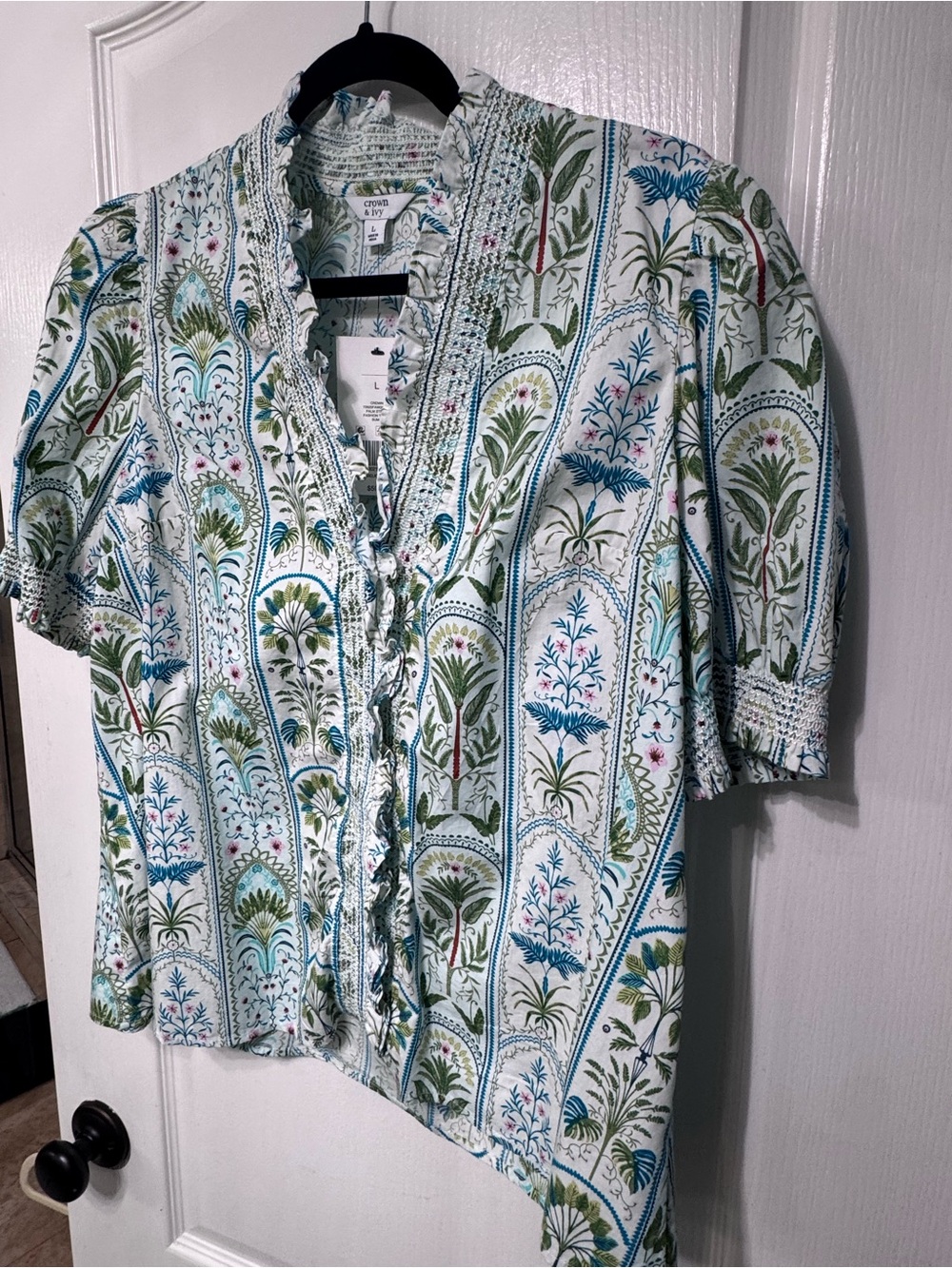 Crown and ivy White Blouse with Blue and Green Botanical Stripe Print
